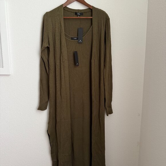 Lulus Layer Lover Olive Ribbed Knit Two-piece Dress & Cardigan Set Green - Picture 2 of 5